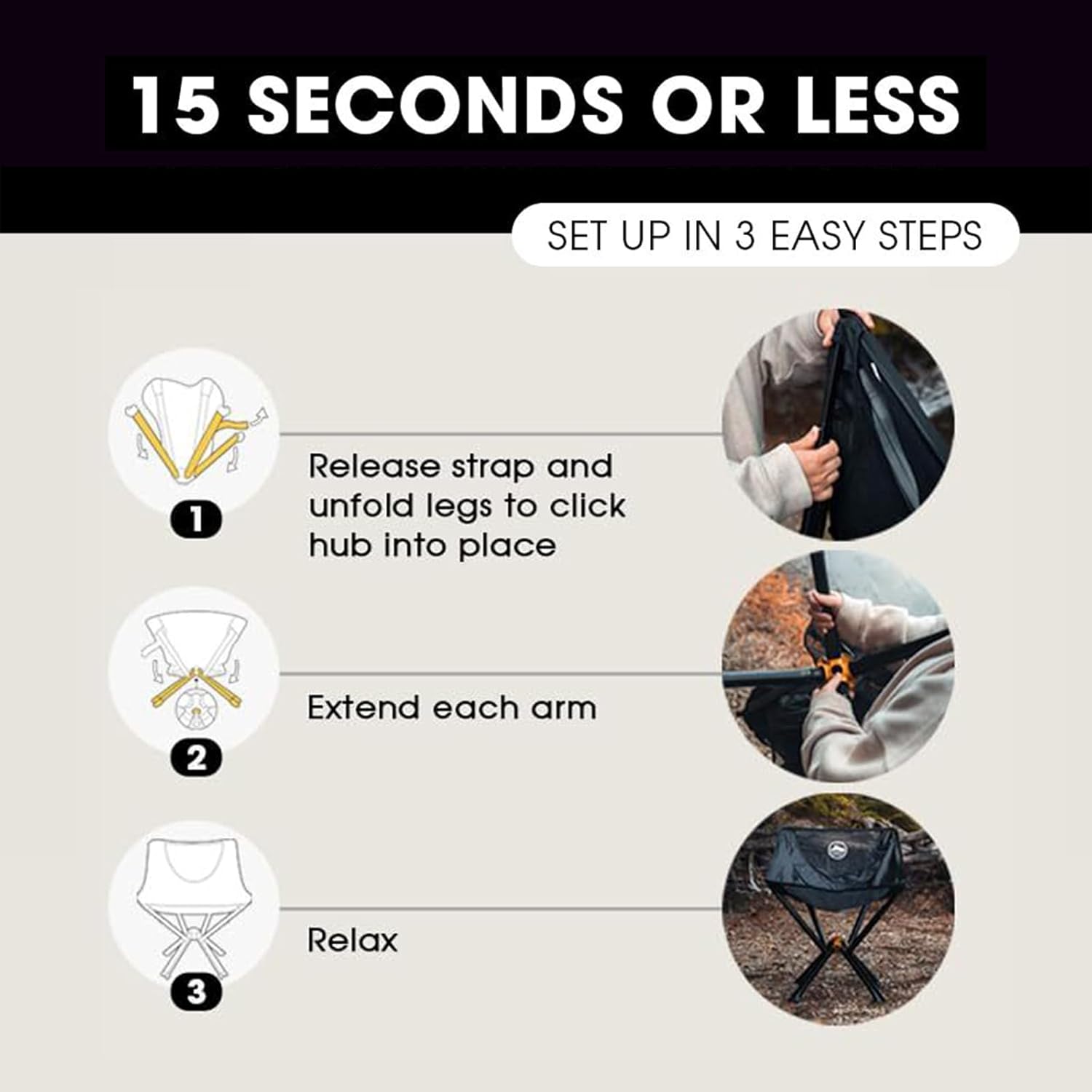 CLIQ Portable Camping Chair - Collapses to Size of Water Bottle - Lightweight Folding Chair for Camping - Outdoor Chair Supports 300 Lbs - Camp Chair Outdoor Adventures, Black - Image 2