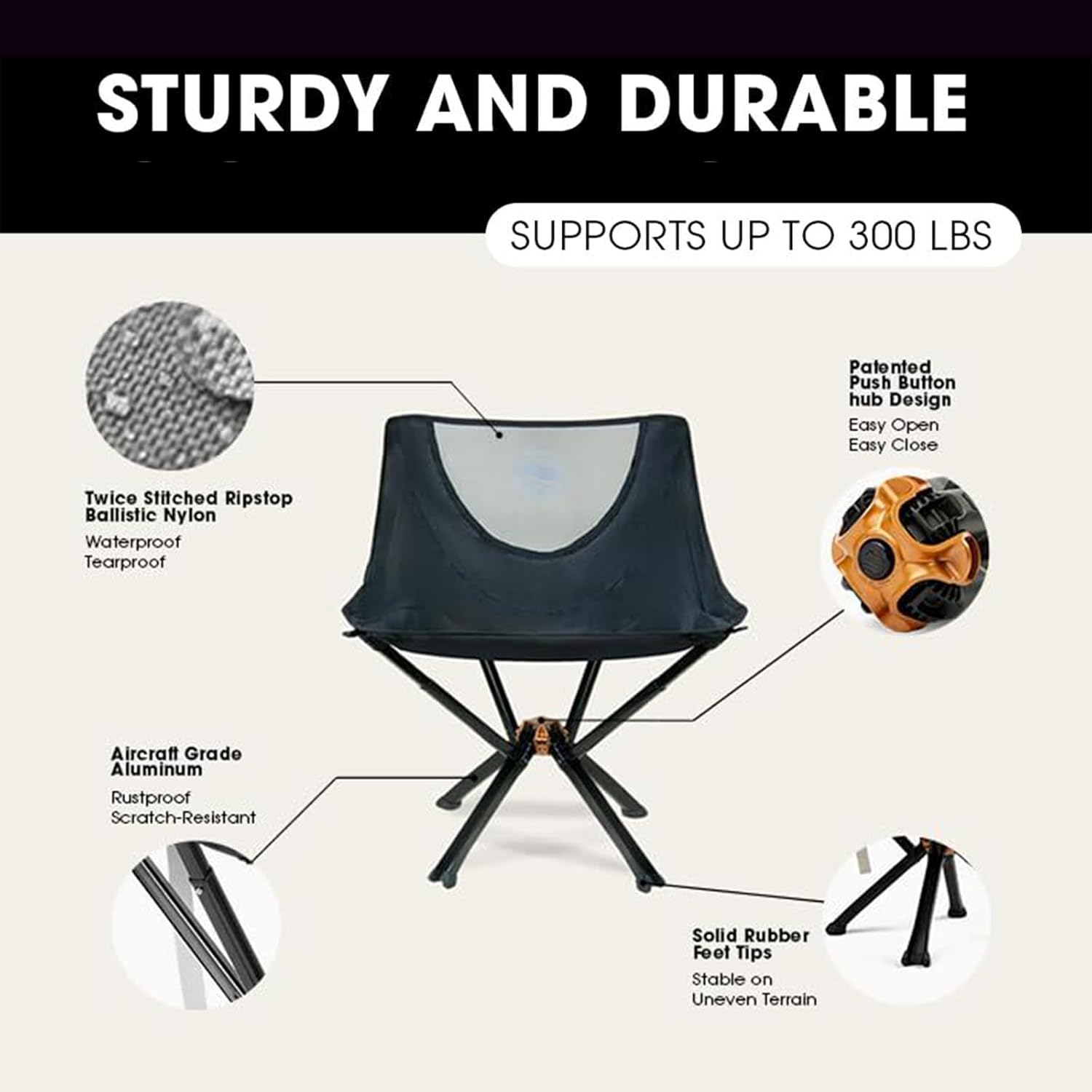 CLIQ Portable Camping Chair - Collapses to Size of Water Bottle - Lightweight Folding Chair for Camping - Outdoor Chair Supports 300 Lbs - Camp Chair Outdoor Adventures, Black - Image 4