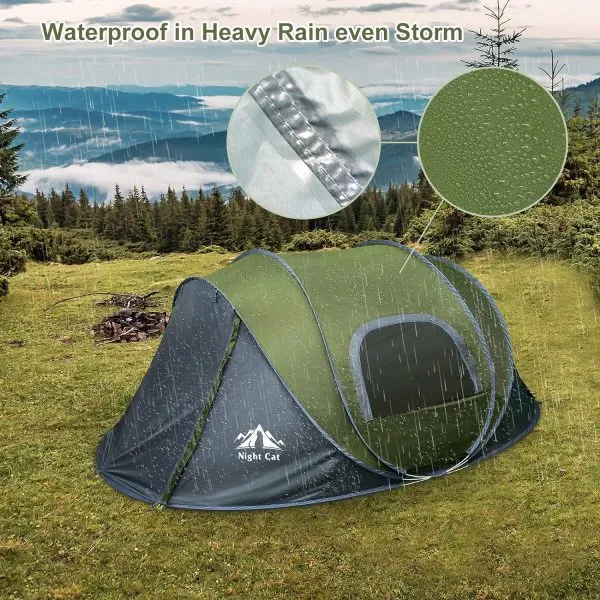 Night Cat pop‑up tent in rain, waterproof detail